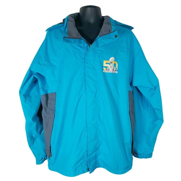 Super Bowl 50 Teal Blue Hooded Jacket Large With Logo Football Windbreaker - Picture 1 of 13